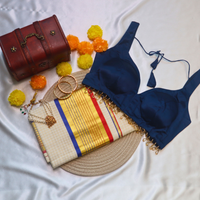 Set Saree - Gold with Red and Blue Border Microchecks