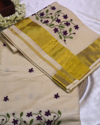 Set Saree -  Gold Zari Border with Floral Embroidery