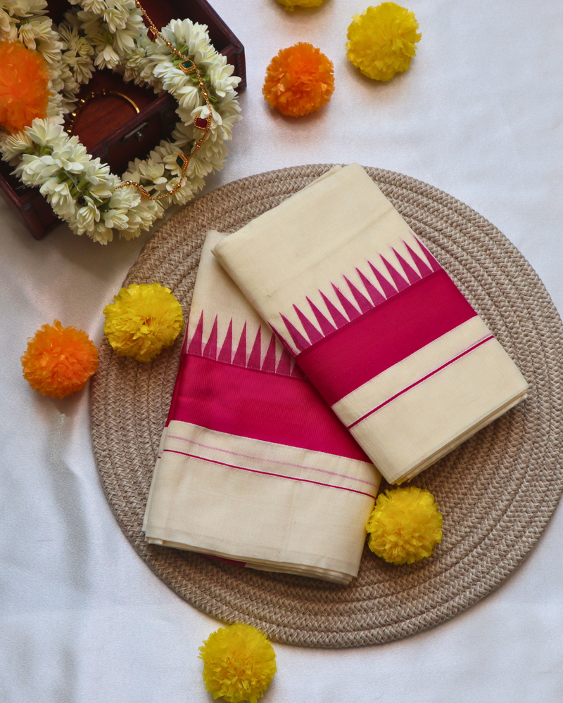 Set Mundu - Pink Temple Border