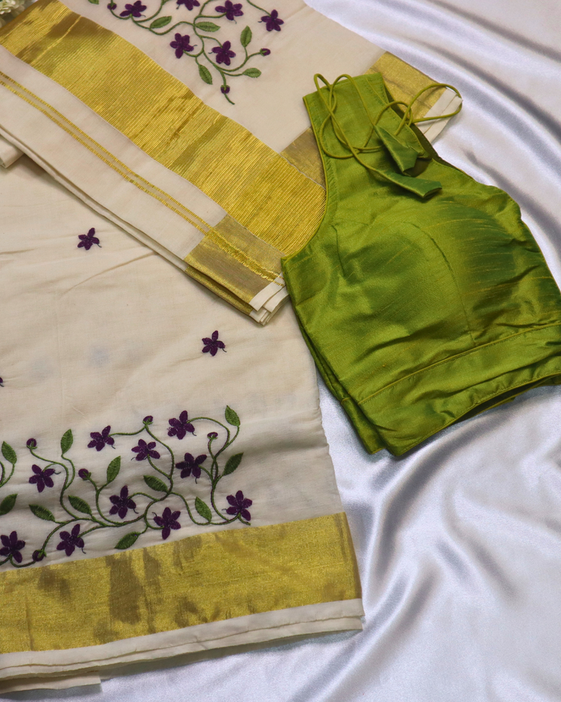 Set Saree -  Gold Zari Border with Floral Embroidery