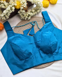 Roman Satin Blouse Sleeveless Curved V Neck - Blue Size 38