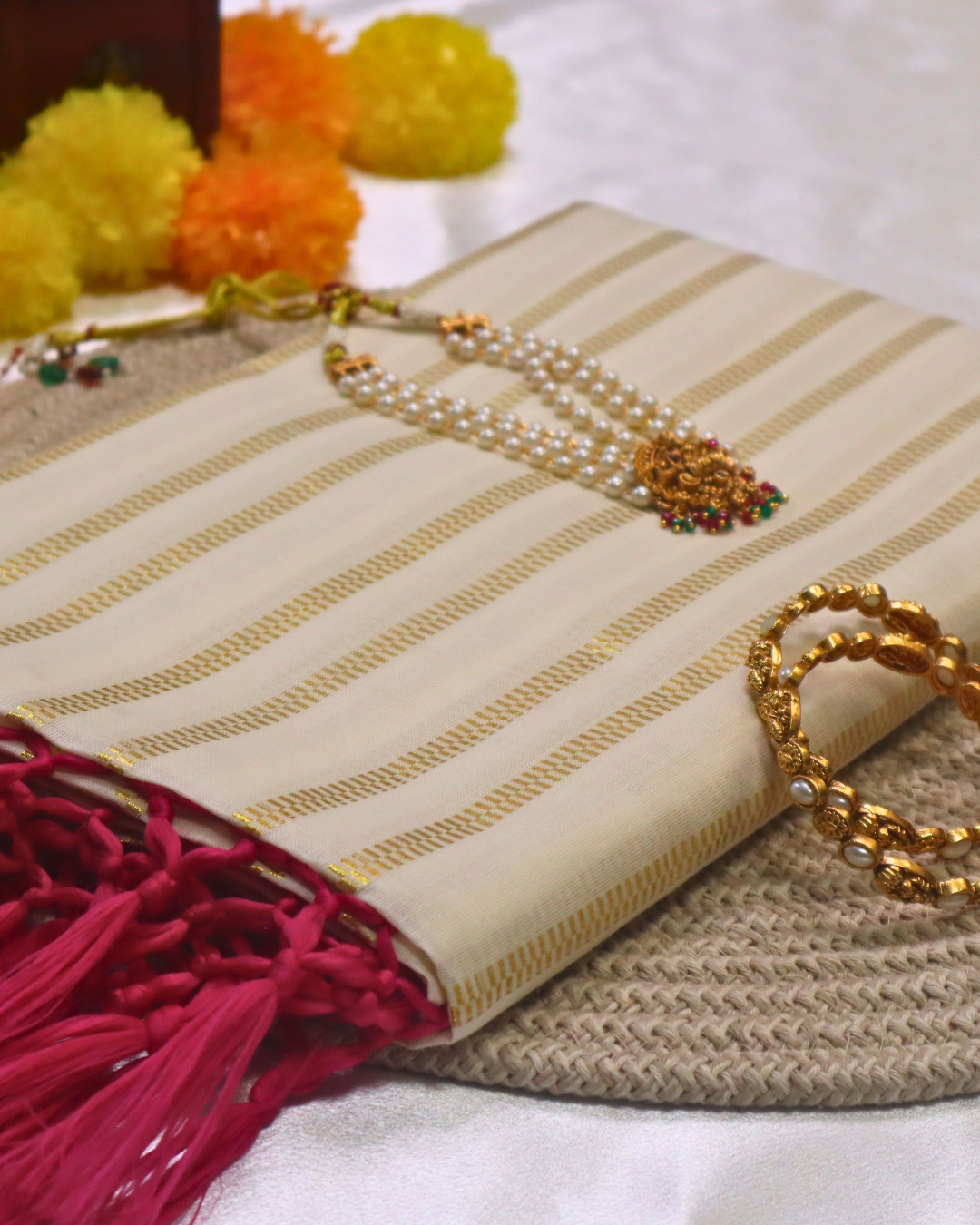 Set Saree - Golden Square Stripes Border with Pink Tussels