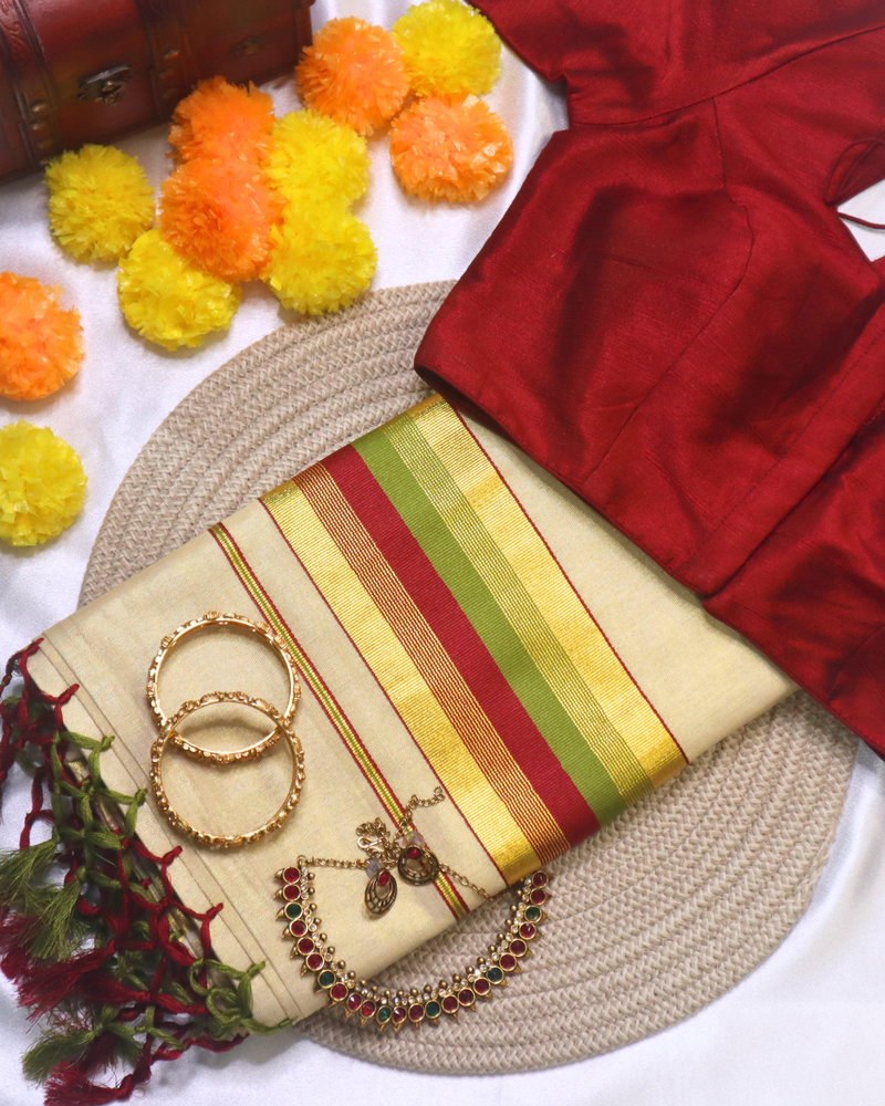 Set Saree - Mixed Colour with thin Gold and Loght Green border