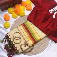 Set Saree - Mixed Colour with thin Gold and Loght Green border