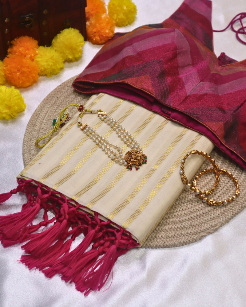 Set Saree - Golden Square Stripes Border with Pink Tussels