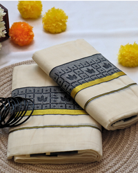 Set Mundu - Black Leaf Print on Gold Border