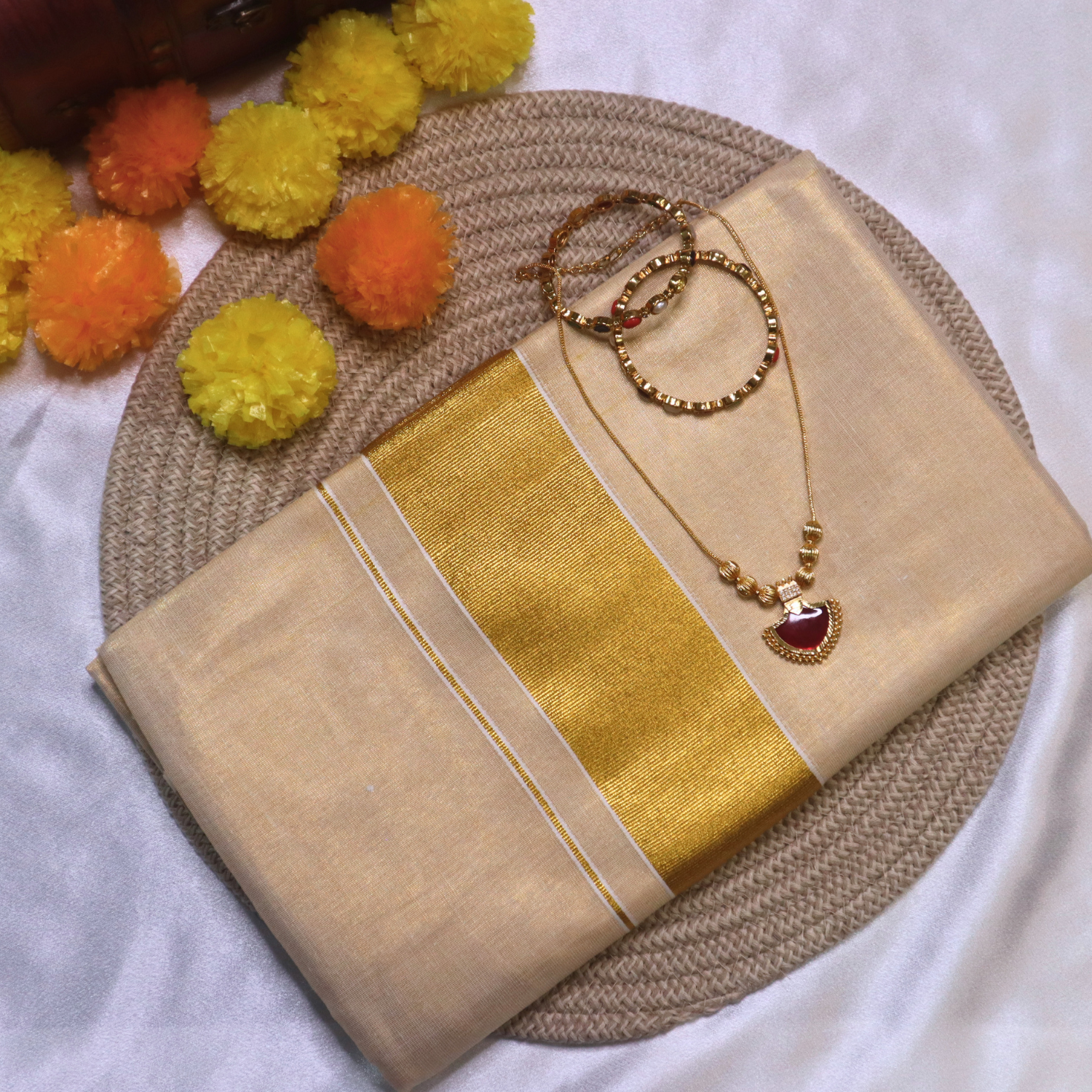 Set Saree  - Gold Zari Border Tissue Saree