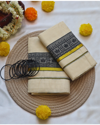 Set Mundu - Black Leaf Print on Gold Border