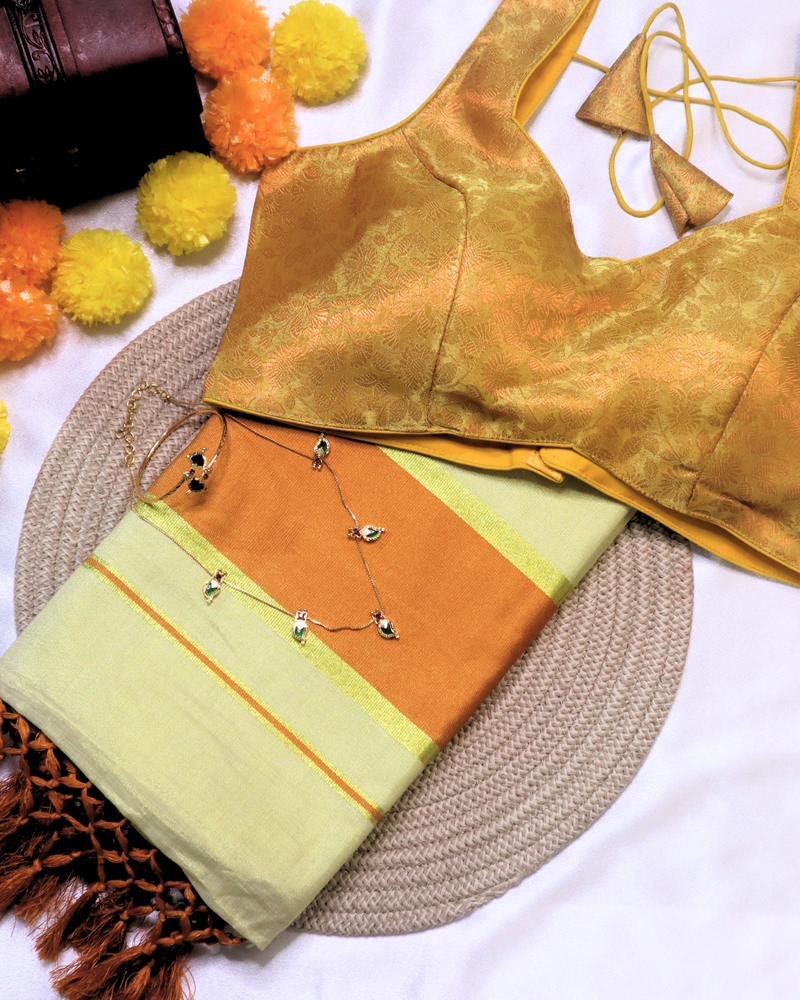 Set Saree - Thick Orange and Gold Border