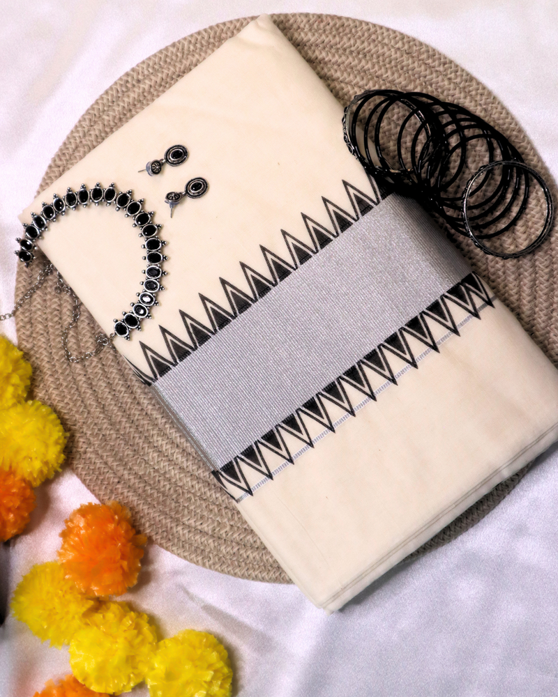 Set Saree -  Silver with Black Temple Border