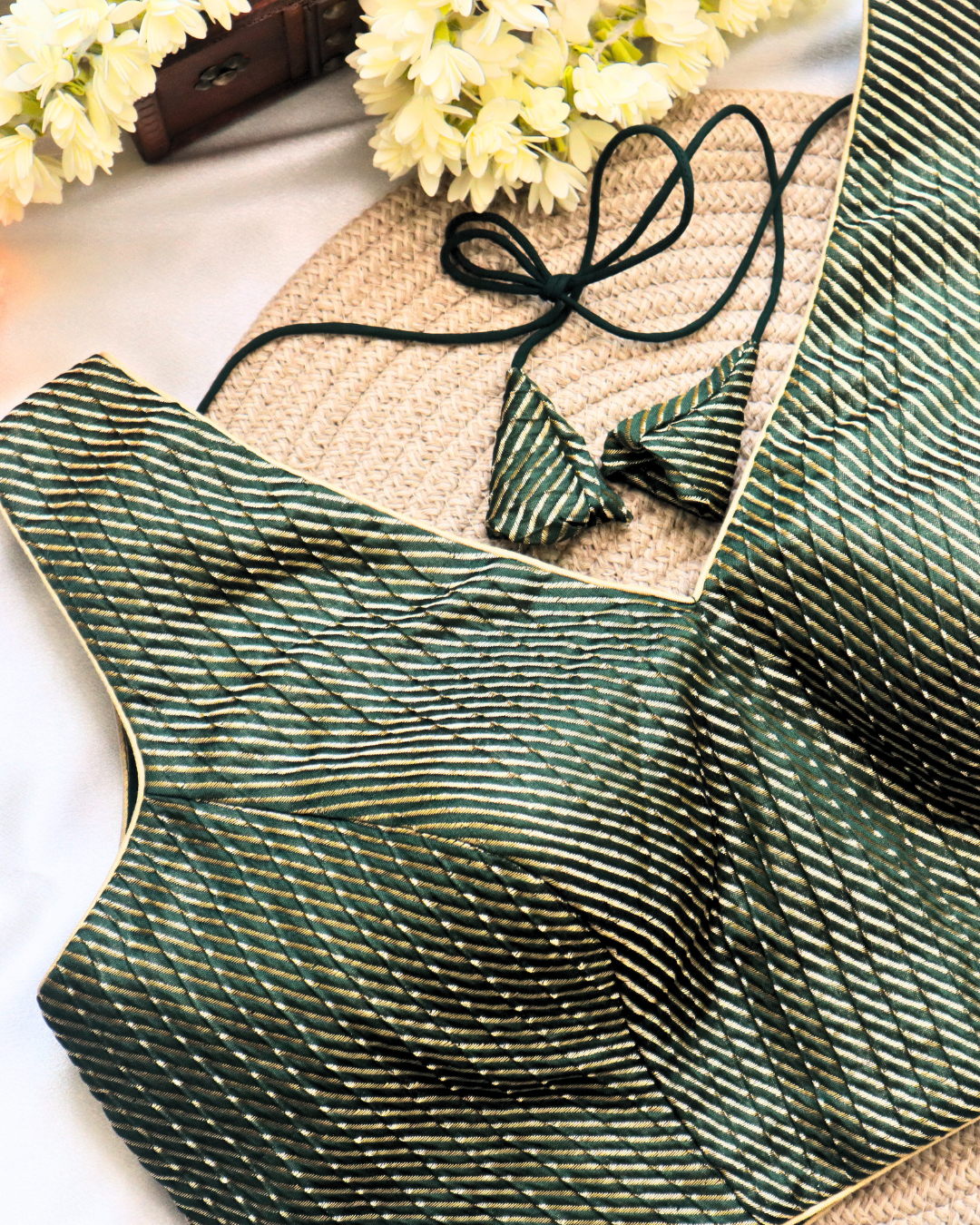 Bottle Green Brocade - V Neck Blouse Sleeveless (Sleeve Option Available), Size 38