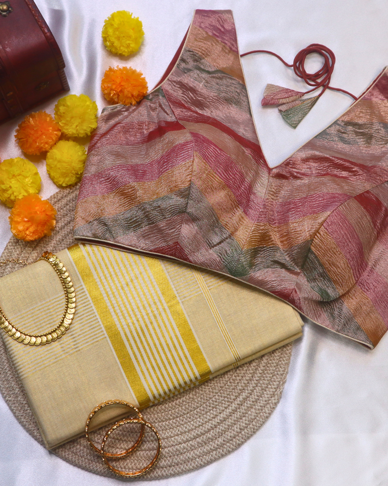 Set Saree - Gold Zari Stripes - Tissue Sari