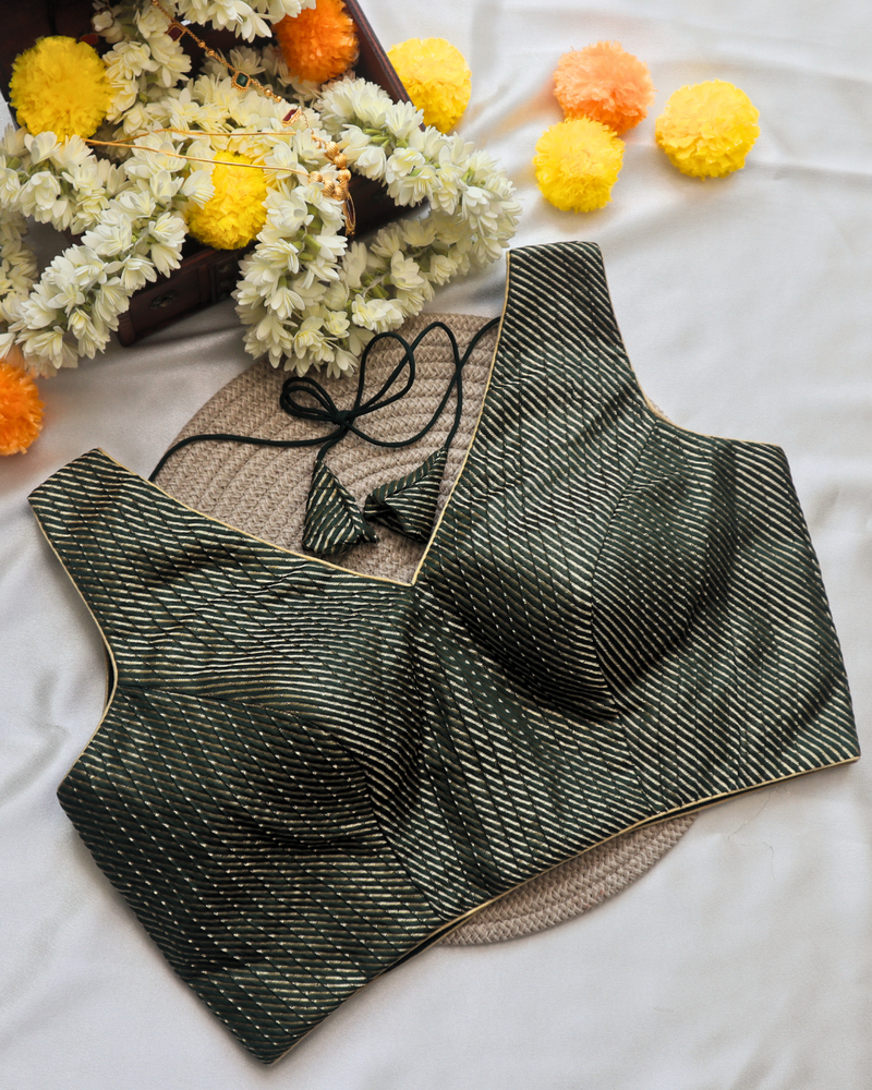 Bottle Green Brocade - V Neck Blouse Sleeveless (Sleeve Option Available), Size 38