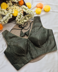 Bottle Green Brocade - V Neck Blouse Sleeveless (Sleeve Option Available), Size 38