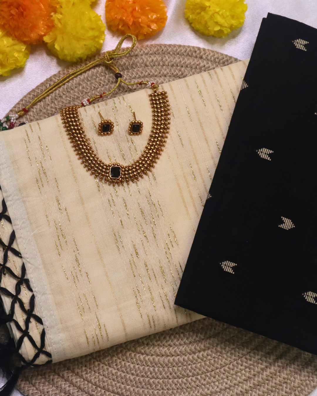 Set Saree - Gold lines with Black Tussels with Blouse Piece