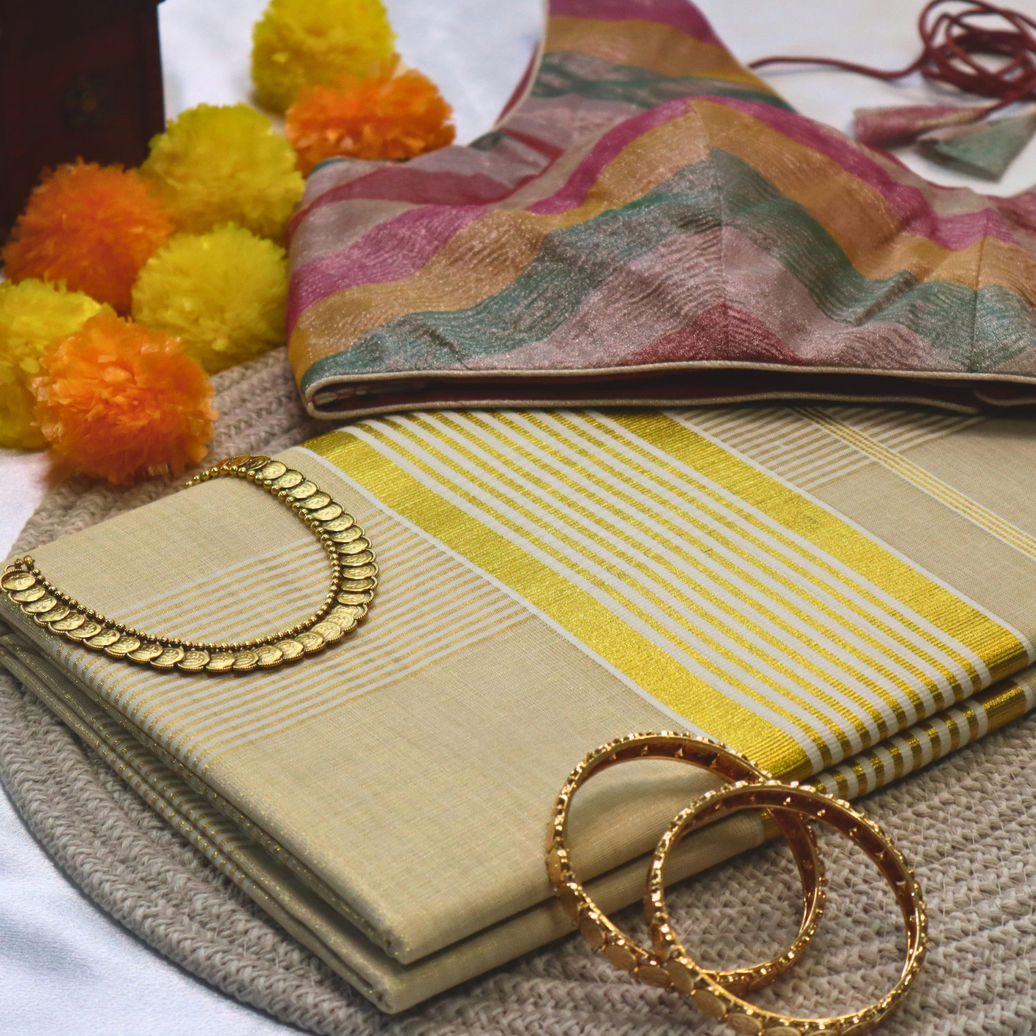 Set Saree - Gold Zari Stripes - Tissue Sari