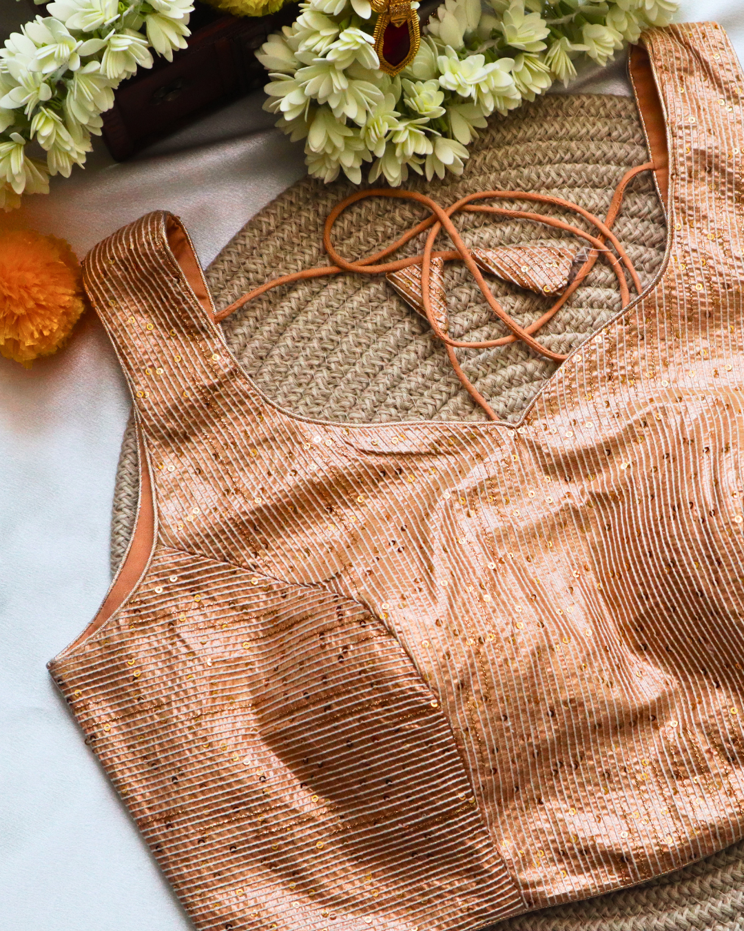 Light Peach Brocade - V Neck Blouse Sleeveless (Sleeve Option Available) Size 34