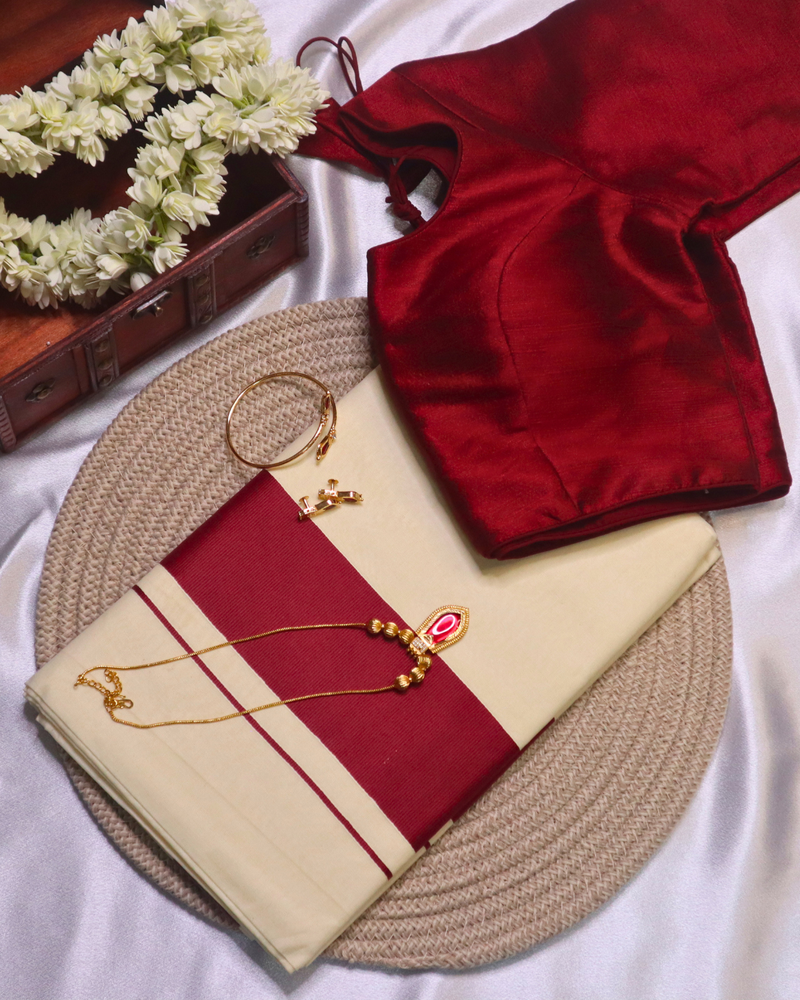 Set Saree - Maroon Thick Border