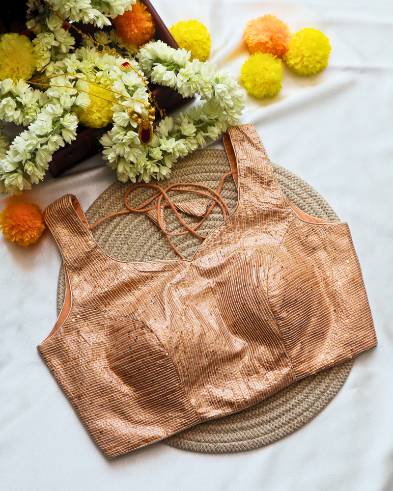 Light Peach Brocade - V Neck Blouse Sleeveless (Sleeve Option Available) Size 34
