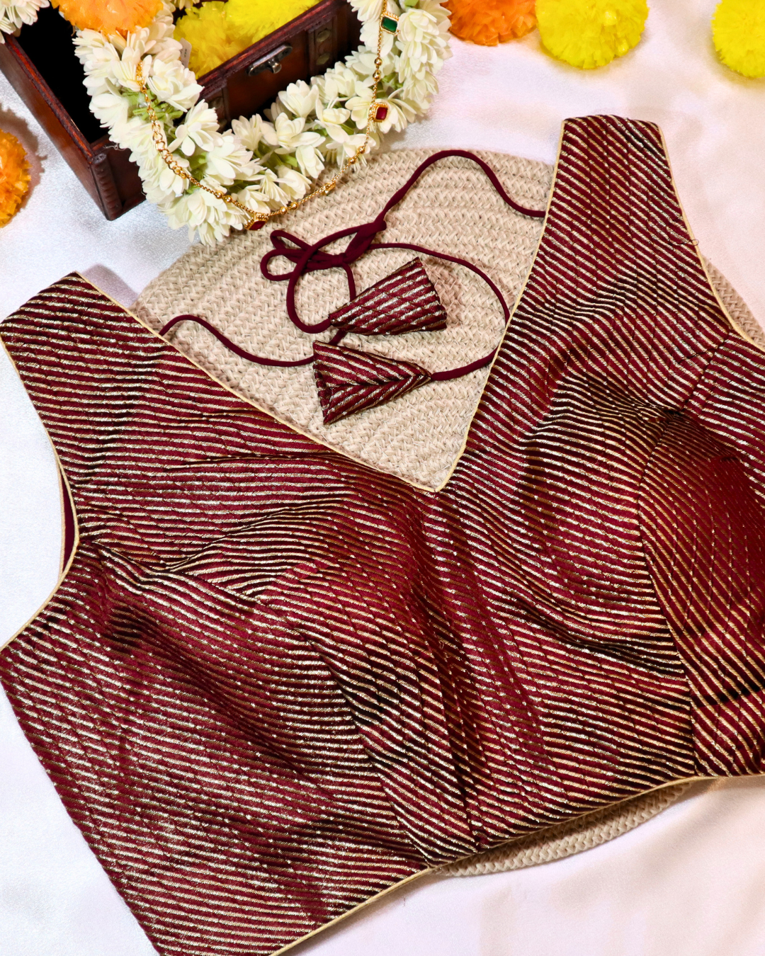 Dark Maroon Brocade - V Neck Blouse Sleeveless (Sleeve Option Available) Size 36