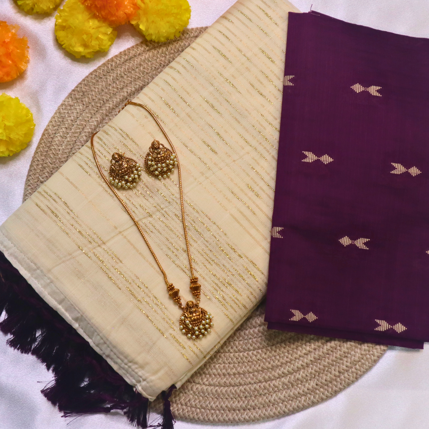 Set Saree - Gold lines with Vine Tussels with Blouse Piece