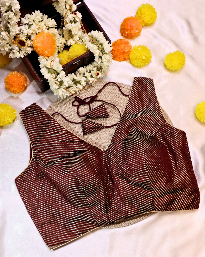 Dark Maroon Brocade - V Neck Blouse Sleeveless (Sleeve Option Available) Size 36