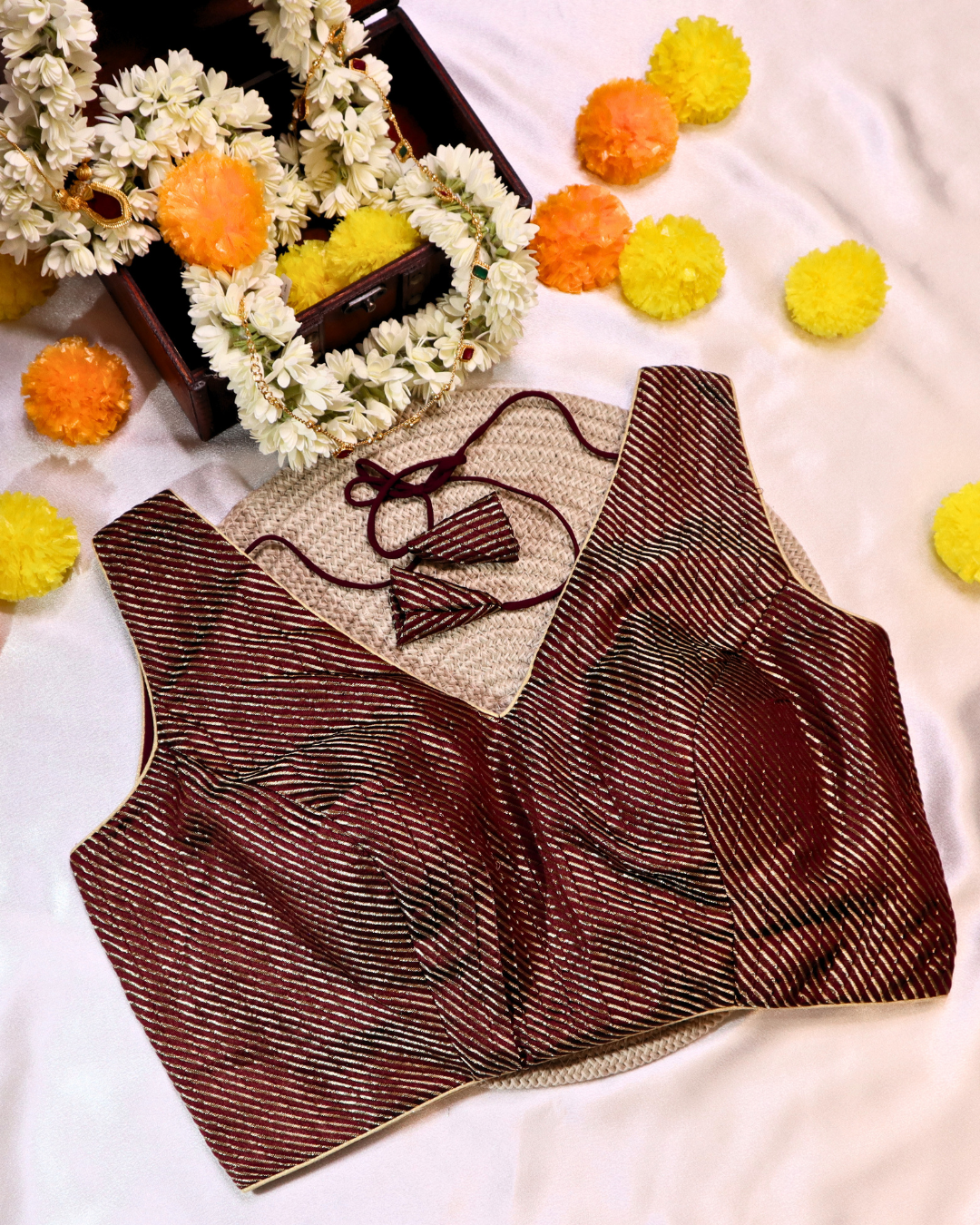 Dark Maroon Brocade - V Neck Blouse Sleeveless (Sleeve Option Available) Size 36