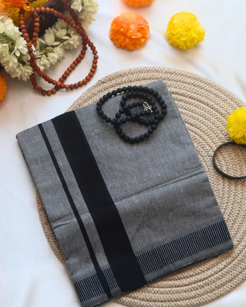 Men's Single Mundu - Grey with Black Border