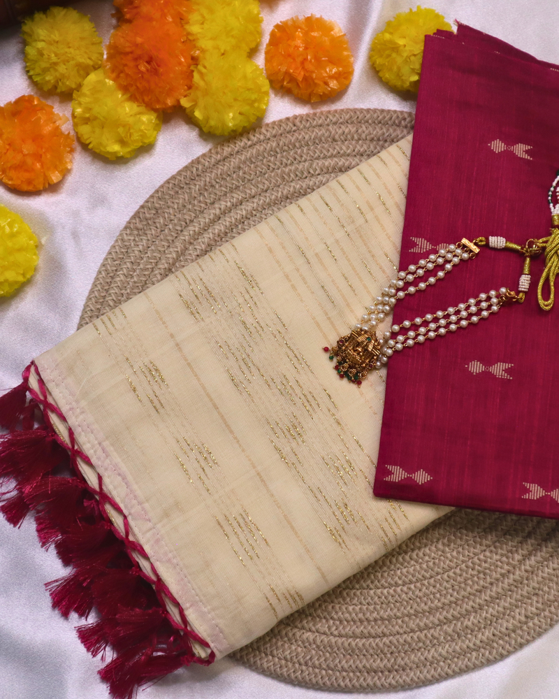 Set Saree - Gold lines with Pink Tussels with Blouse Piece