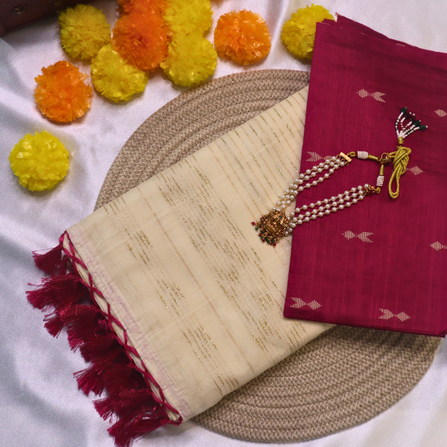 Set Saree - Gold lines with Pink Tussels with Blouse Piece
