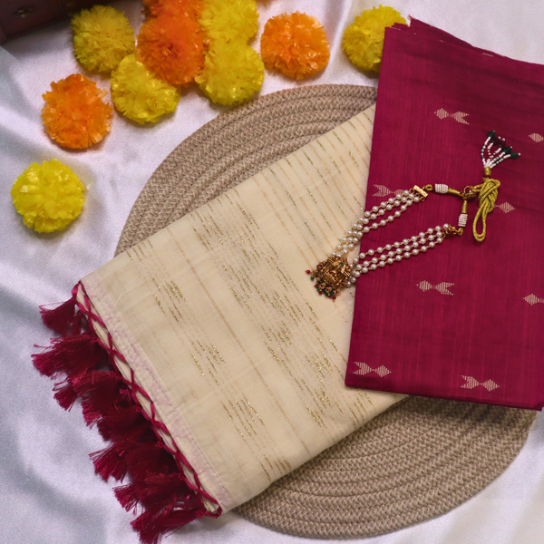 Set Saree - Gold lines with Pink Tussels with Blouse Piece