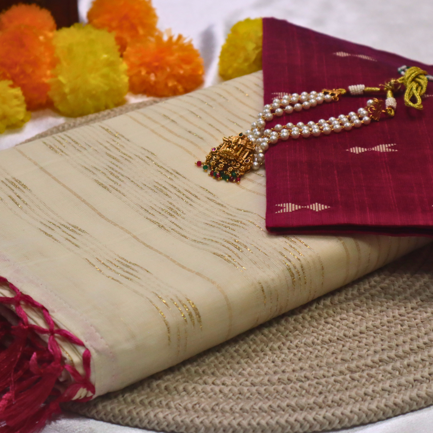 Set Saree - Gold lines with Pink Tussels with Blouse Piece