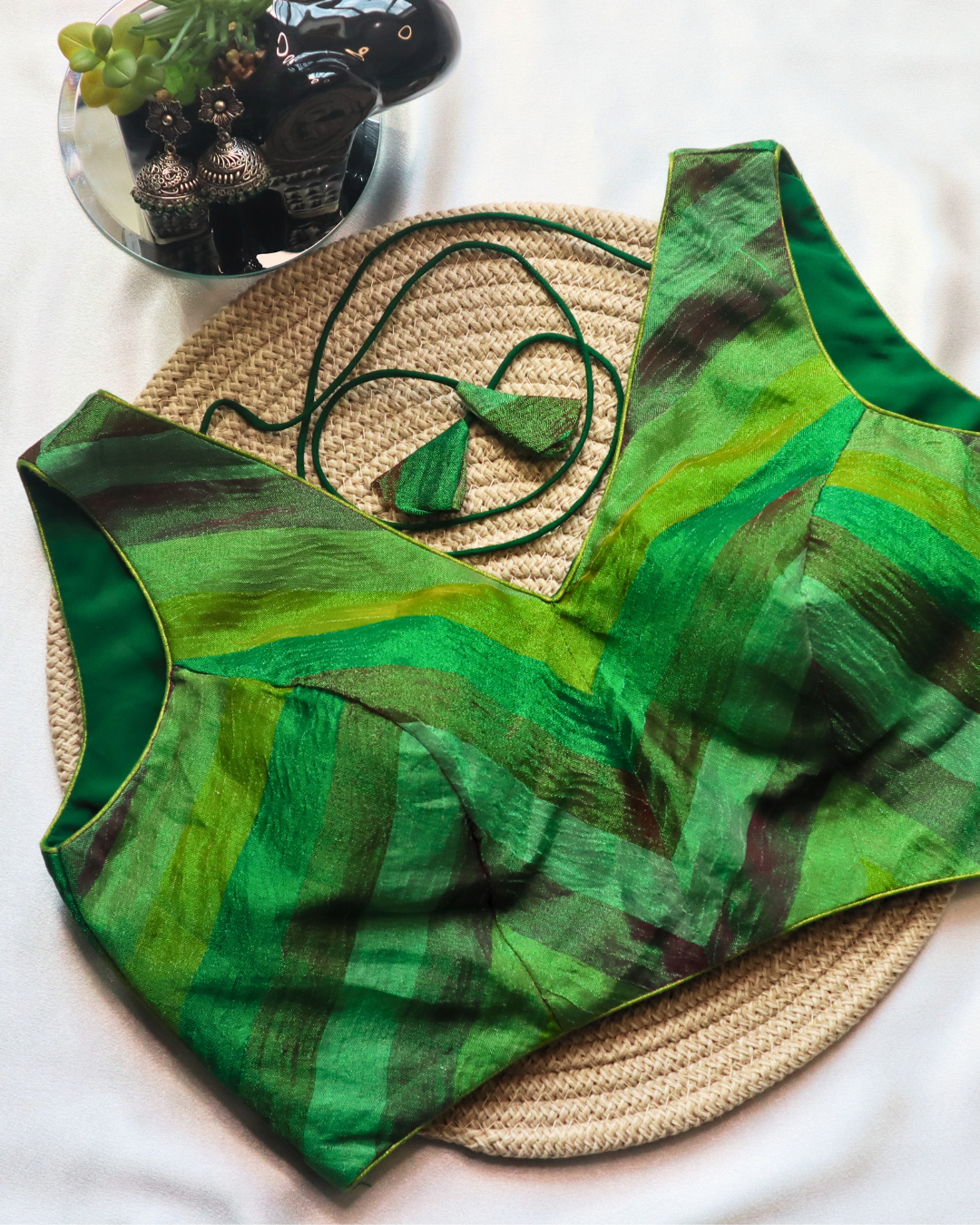 Green Multi Tissue - V Neck Blouse Sleeveless (Sleeve Option Available) Size 34