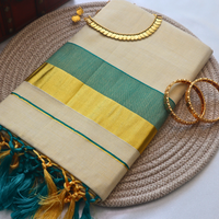 Set Saree - Gold Green border with Gold Green Tussels