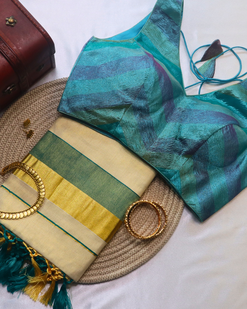 Set Saree - Gold Green border with Gold Green Tussels